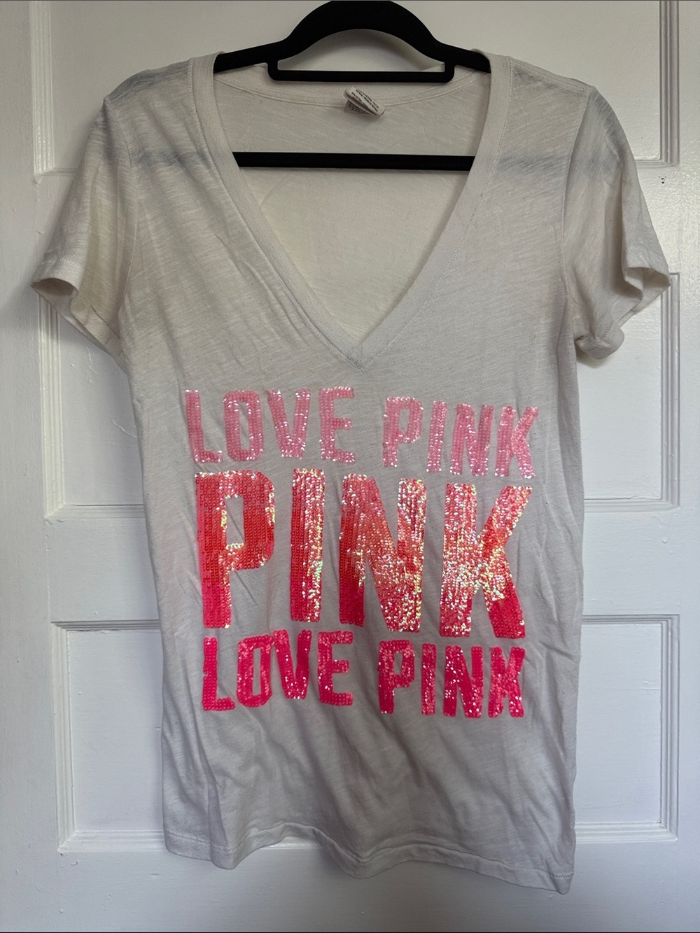 Vintage Y2K Victoria's Secret PINK White Tee with Pink Sequin Accent